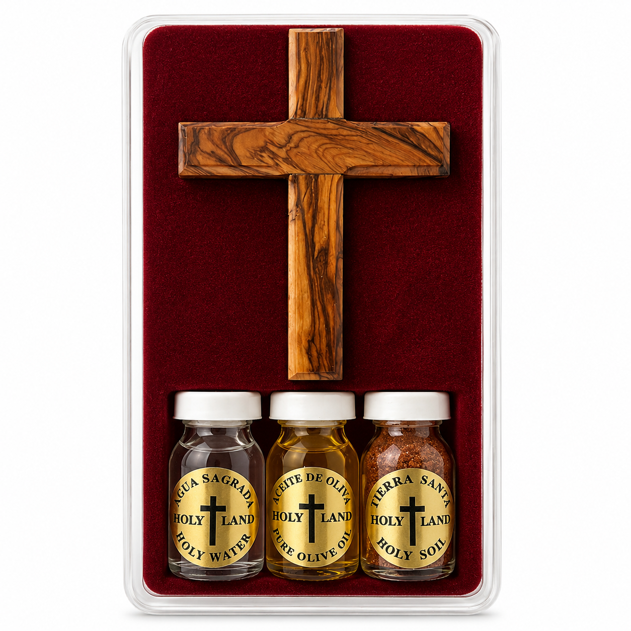 Holy Land blessing gift set with olive wood cross, holy water, olive oil, and sacred soil display case