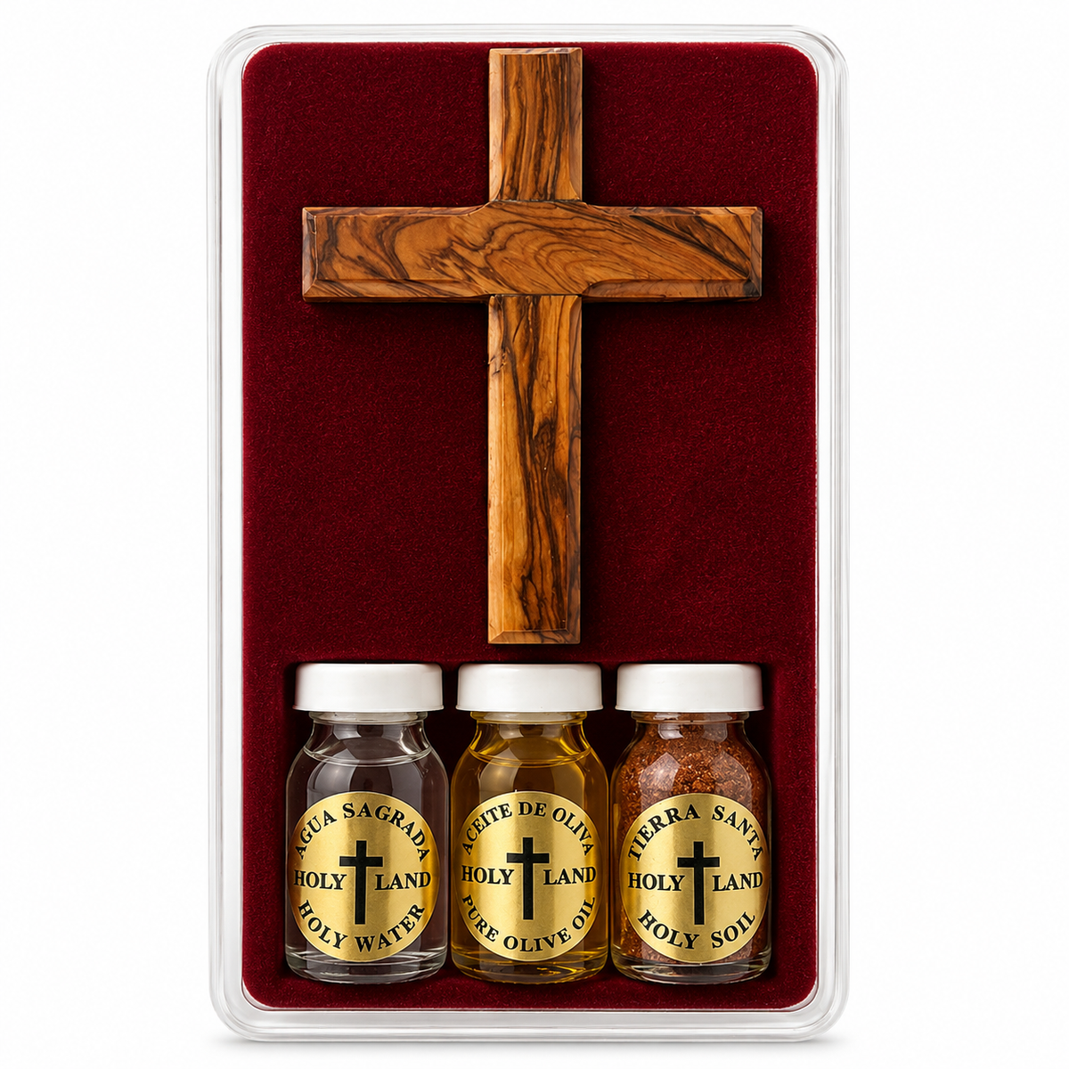 Holy Land blessing gift set with olive wood cross, holy water, olive oil, and sacred soil display case