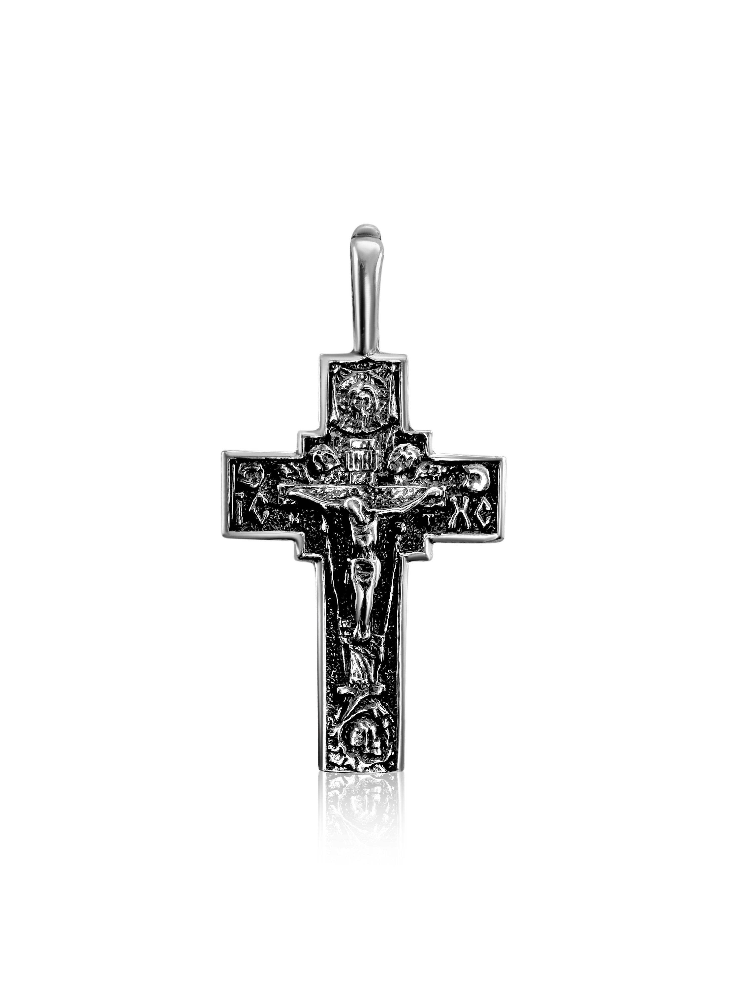 Christian silver cross pendant with Jesus and saints, Holy Land
