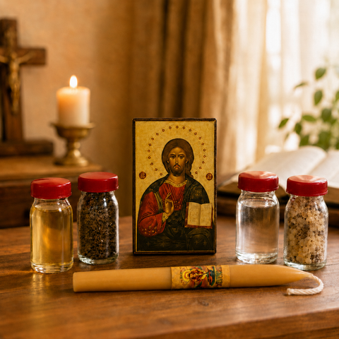 The elements of the Holy Land Christian Gift Set arranged on a wooden table for a home altar: a Christ icon, a long beeswax candle, and four small glass jars with red lids containing anointing oil, Holy Land earth, holy water, and frankincense.