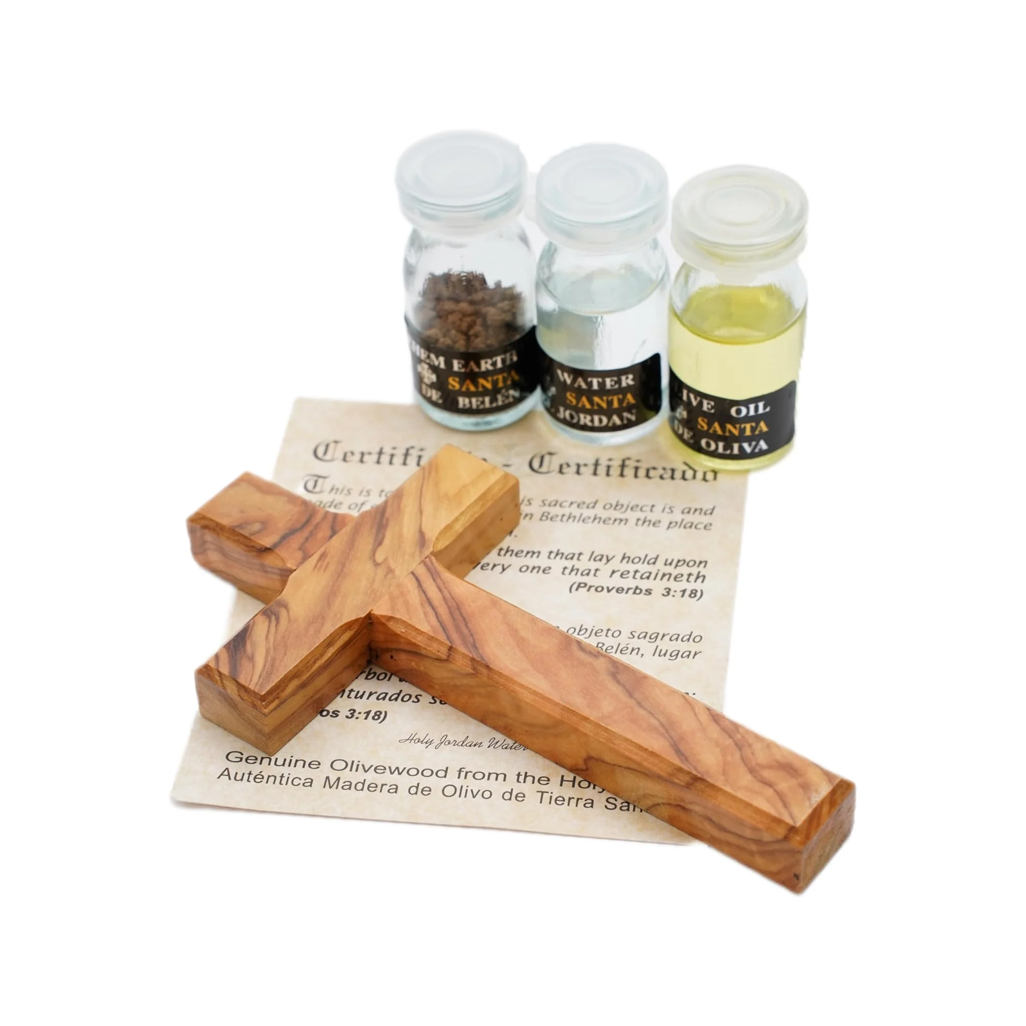 Wooden cross with holy water and olive oil set
