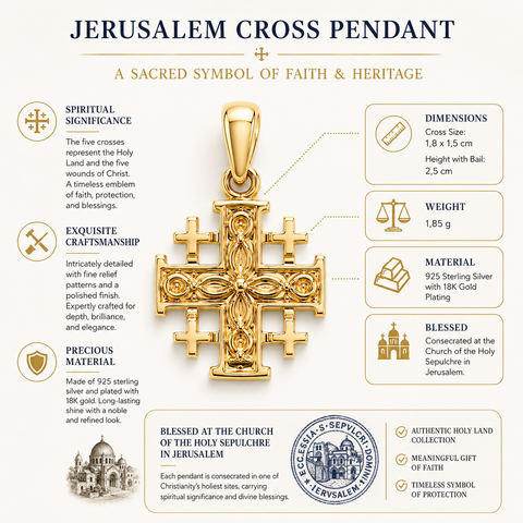 Jerusalem Cross Pendant with detailed information on a white background