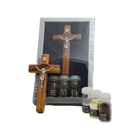 Holy Land crucifix with olive oil, holy water, and Bethlehem soil set
