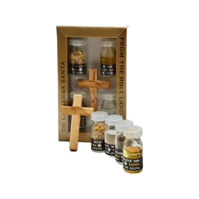 Front view handmade Christian gift set with cross and Bethlehem soil
