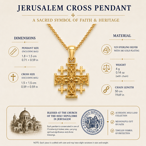 Jerusalem Cross pendant with detailed specifications on a beige background