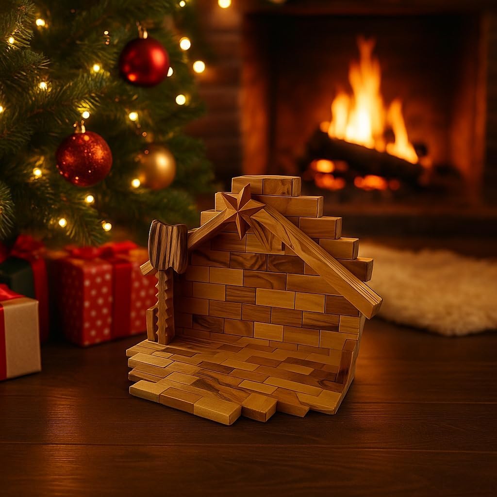 Holy Land olive wood Christmas stable with layered wall design
