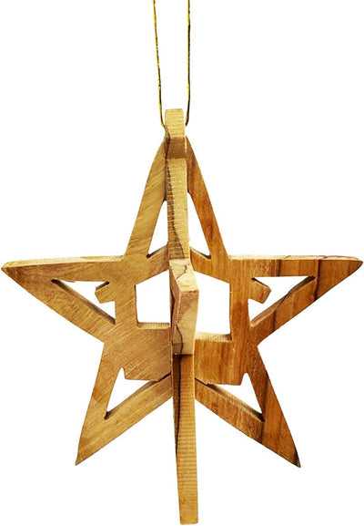 Bethlehem olive wood star ornament featuring Holy Family scene
