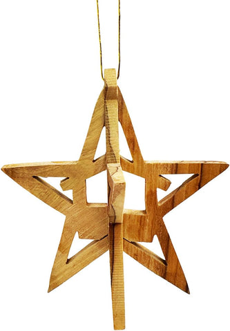 Bethlehem olive wood star ornament featuring Holy Family scene
