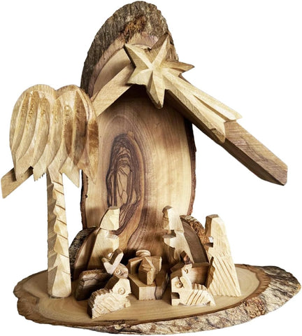 Holy Land olive wood manger with Mary Joseph and Jesus
