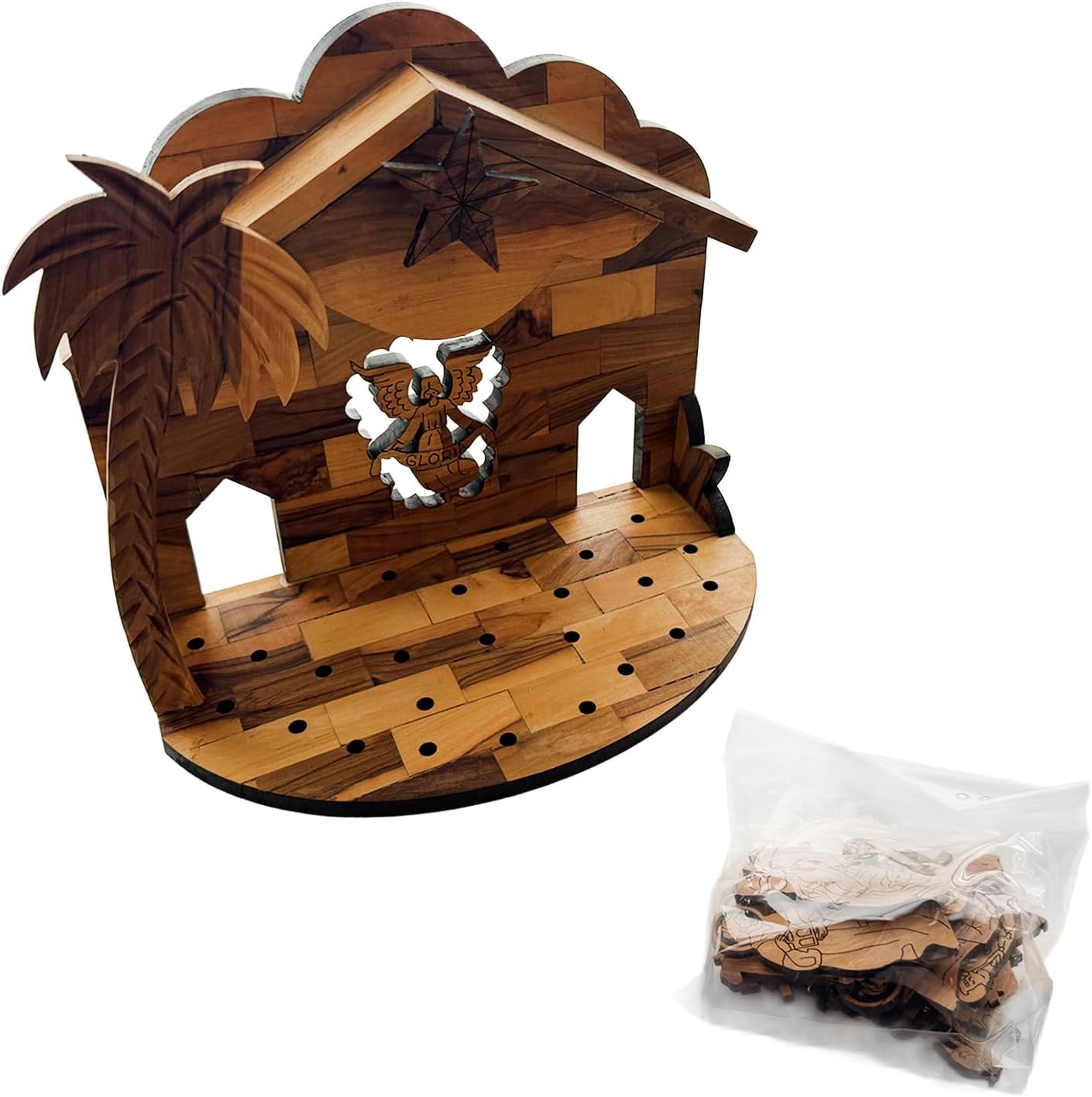 Wooden puzzle with a palm tree and building design, including a clear bag of pieces.
