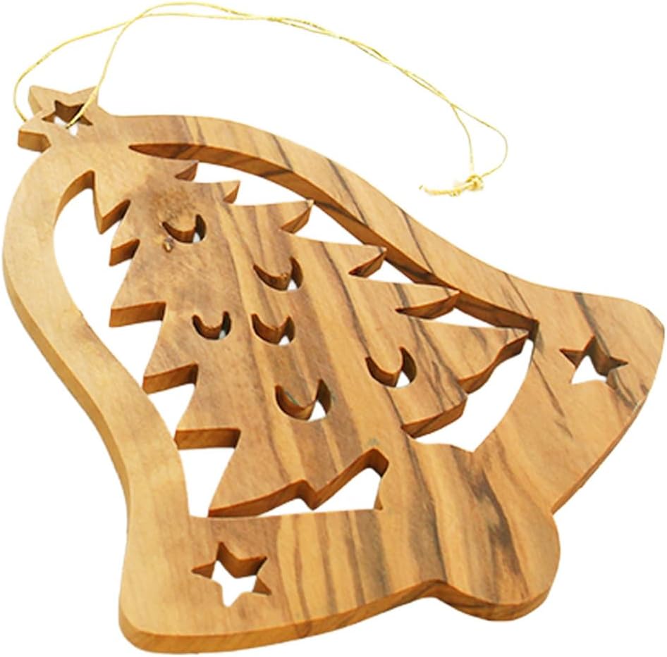 Holy Land olive wood Christmas tree bell with star details
