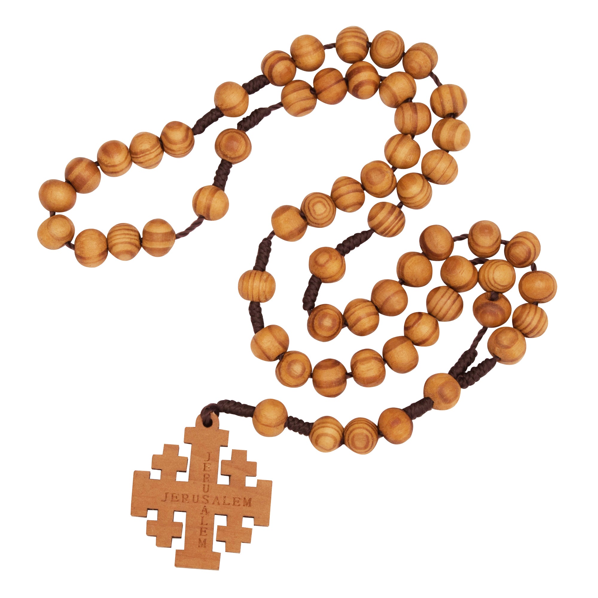 Angled view of Holy Land rosary beads with wooden Jerusalem Cross