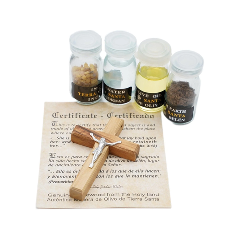 angled view holy water and incense with Bethlehem soil from gift set
