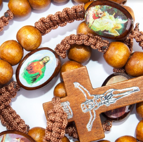 Reverse side natural wood rosary beads cross with saint portraits
