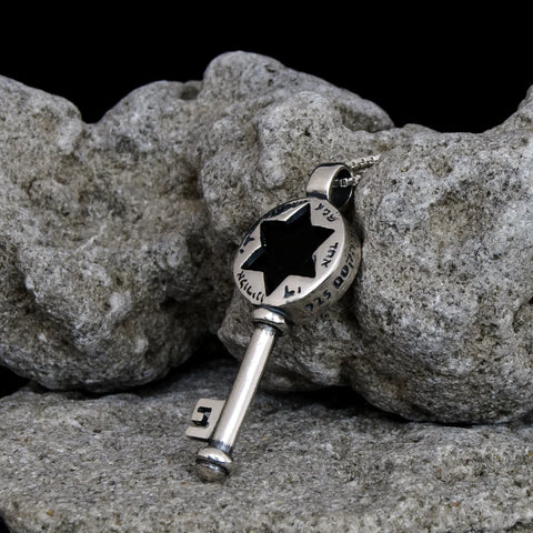 Sterling Silver "Shema Israel" Key Pendant & Kabbalah Protection Amulet with Black Onyx