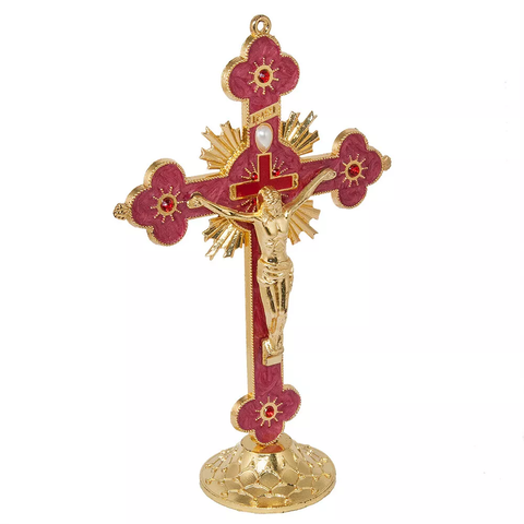 Red Enamel Gold-Plated Metal Altar Standing Crucifix Cross -from Jerusalem - 6.7"/17cm