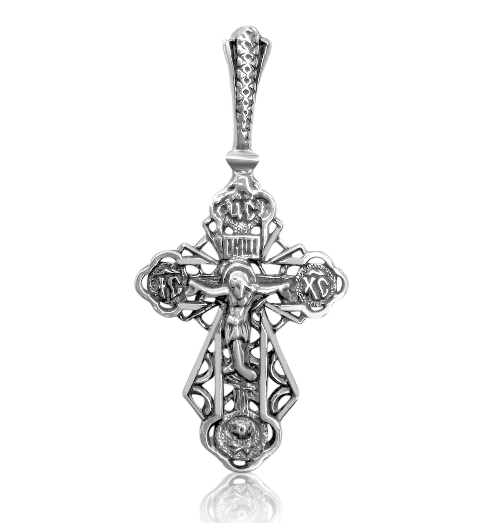 Catholic INRI crucifix necklace in sterling silver — shop now
