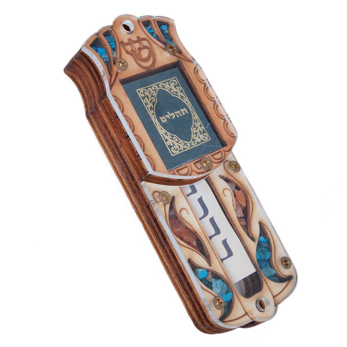 Reverse side showing wood grain of Israel car mezuzah with scroll inside
