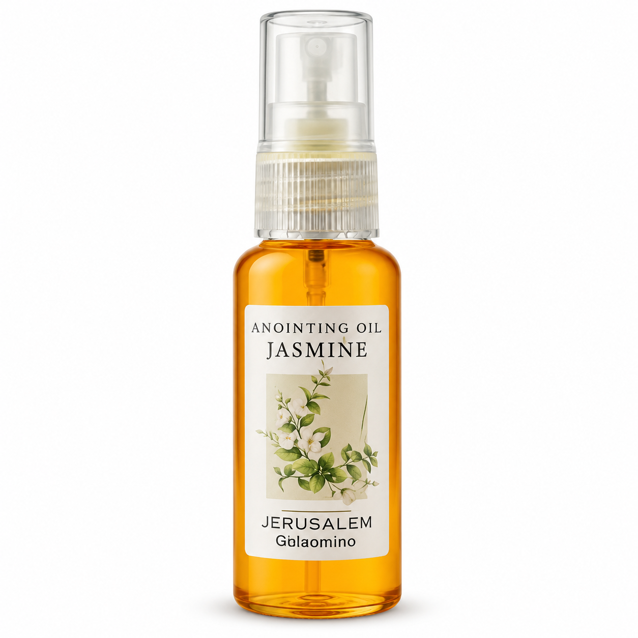 Clear spray bottle filled with amber Jasmine anointing oil, white label with jasmine flower illustration and Jerusalem text, transparent cap, front-facing view on white background.