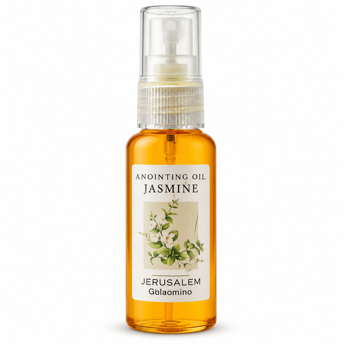 Clear spray bottle filled with amber Jasmine anointing oil, white label with jasmine flower illustration and Jerusalem text, transparent cap, front-facing view on white background.