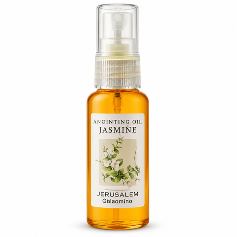 Clear spray bottle filled with amber Jasmine anointing oil, white label with jasmine flower illustration and Jerusalem text, transparent cap, front-facing view on white background.