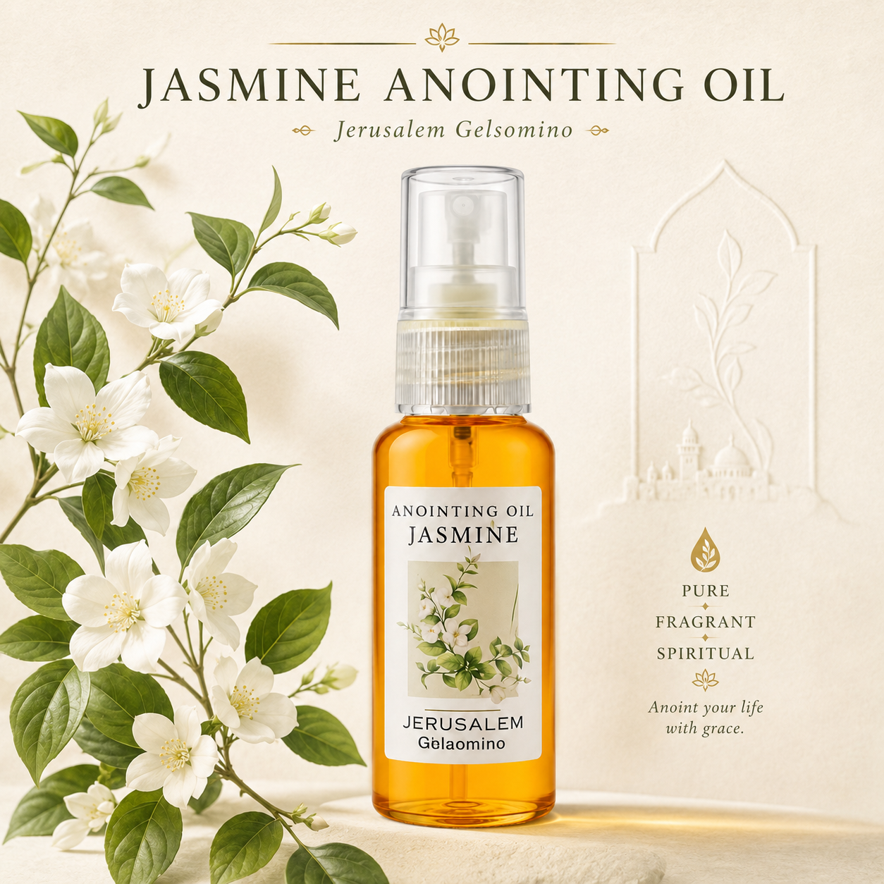 Jasmine anointing oil spray bottle with amber liquid, white floral label, transparent cap, jasmine branch with white flowers, cream background with decorative line art