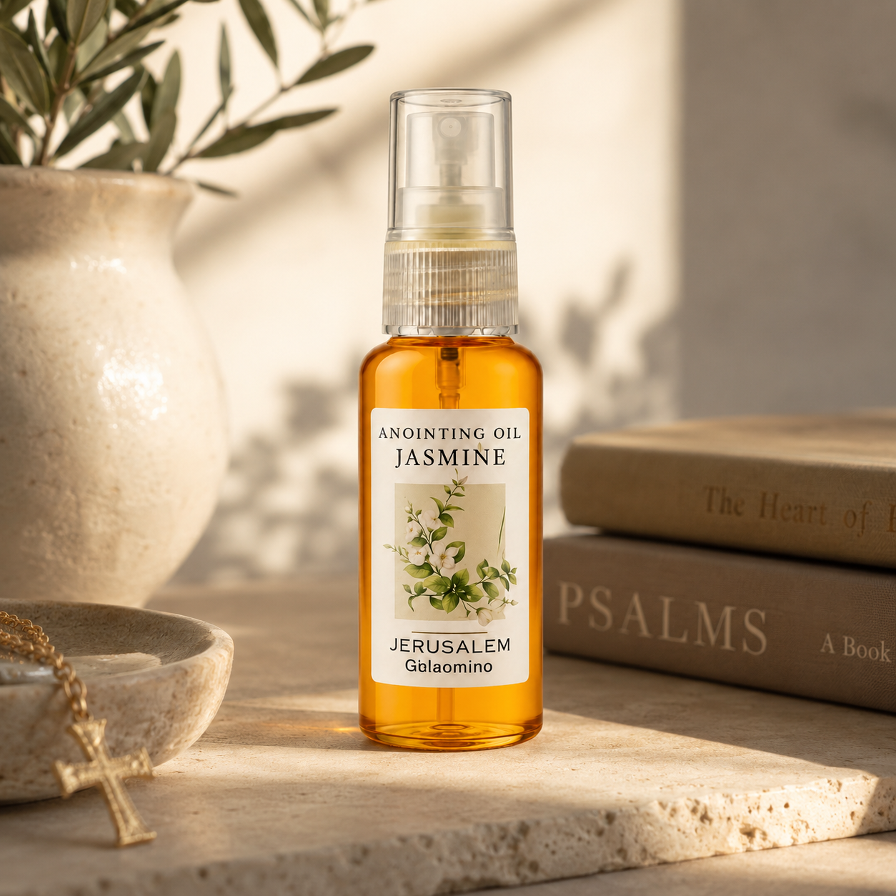 Amber Jasmine anointing oil spray bottle with white floral label and transparent cap, shown on a light stone surface with books, bowl, plant vase, and soft interior lighting