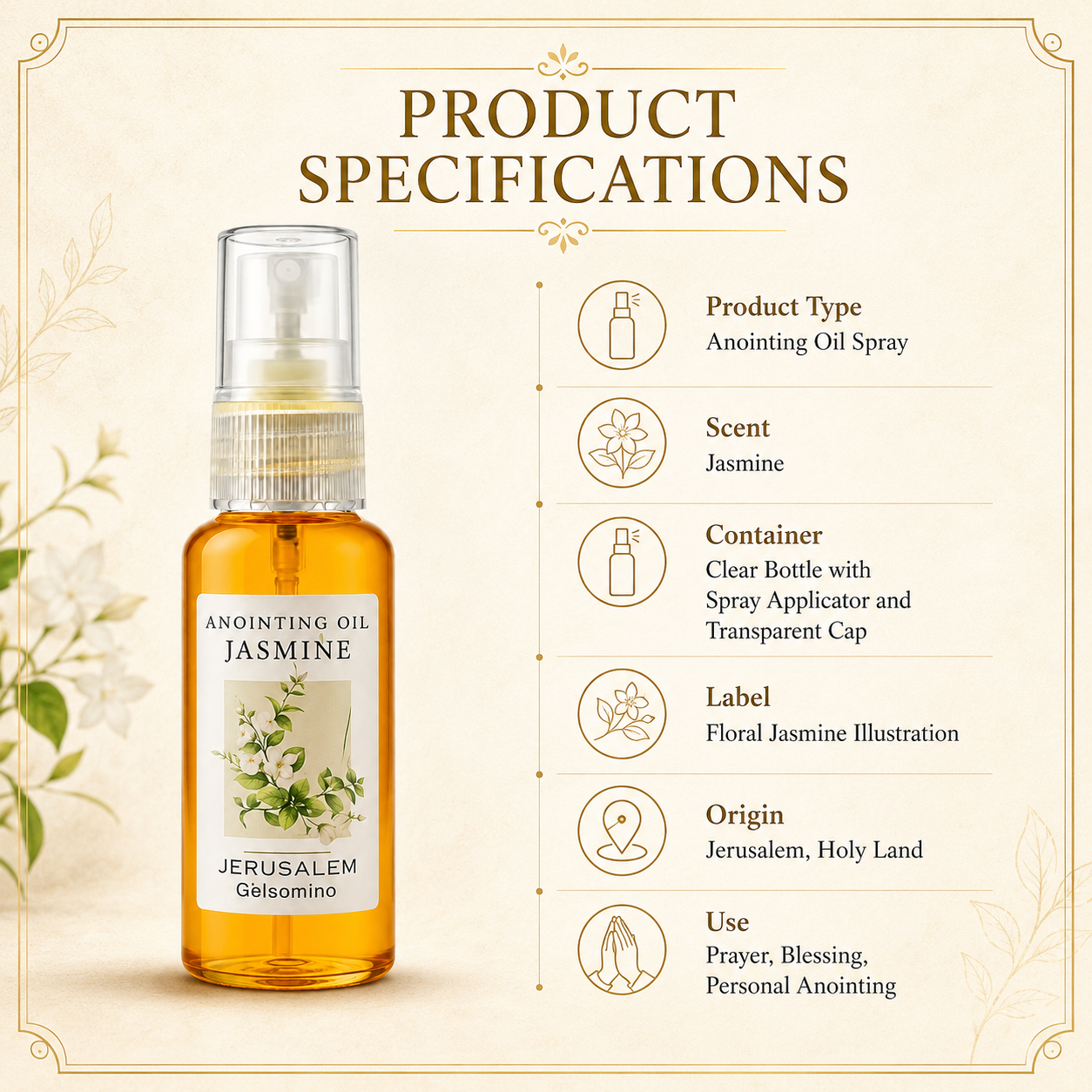 Product specification graphic for amber Jasmine anointing oil spray, clear bottle with spray applicator and transparent cap, floral jasmine label, Jerusalem origin, prayer use, cream background.