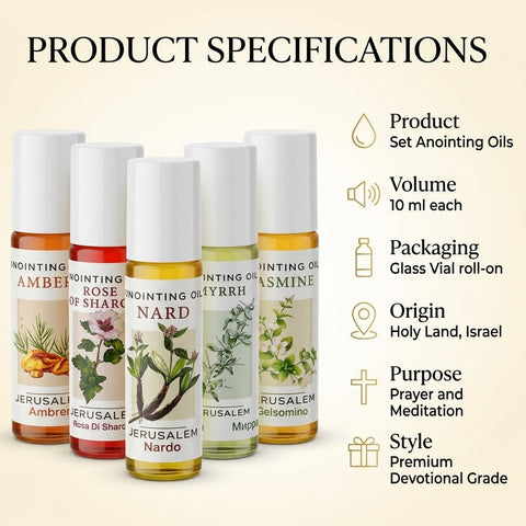 Product specifications infographic for five glass roll-on anointing oils from Jerusalem, Holy Land, Israel. Features Amber, Rose of Sharon, Nard, Myrrh, Jasmine. Lists volume as 10 ml each, for prayer and meditation, premium devotional grade