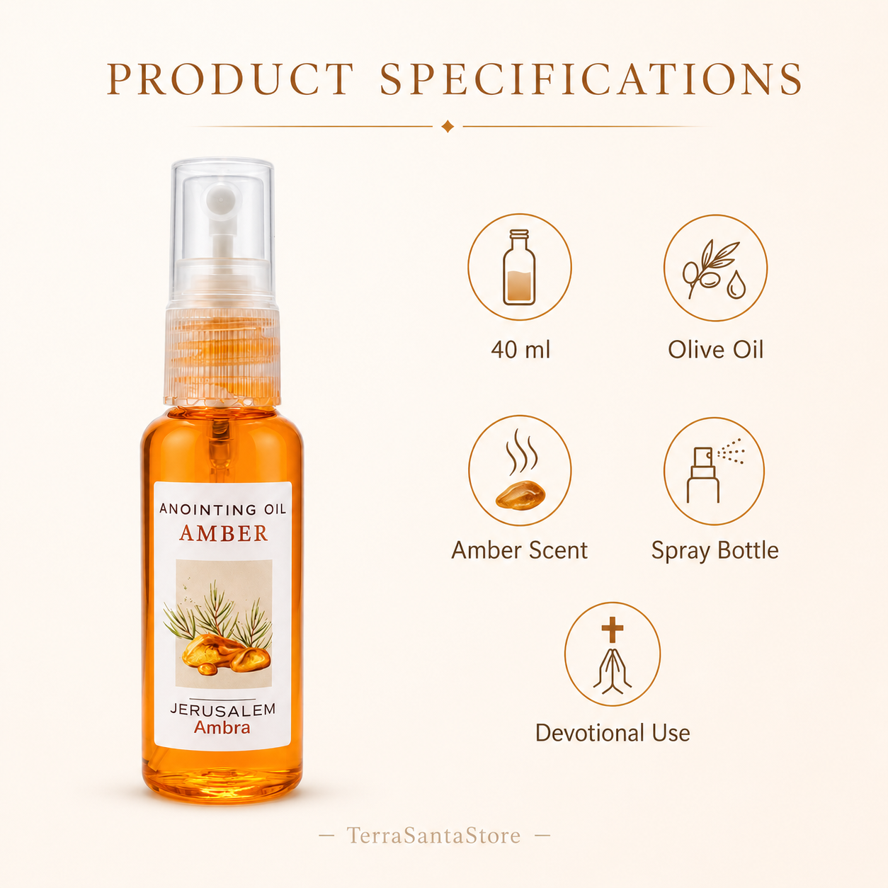 Product specifications diagram for Jerusalem anointing spray showing a 40ml clear bottle with natural olive oil base and warm amber scent