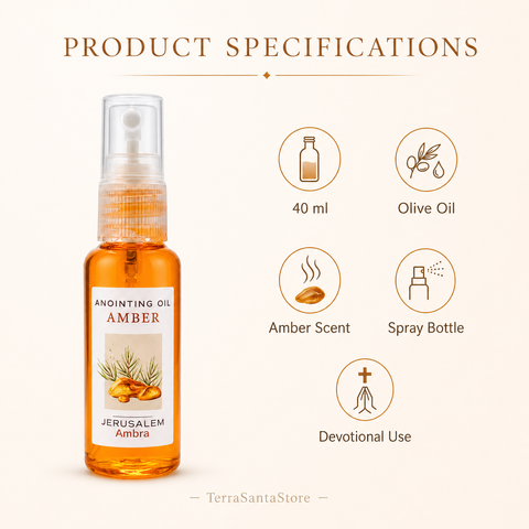 Product specifications diagram for Jerusalem anointing spray showing a 40ml clear bottle with natural olive oil base and warm amber scent