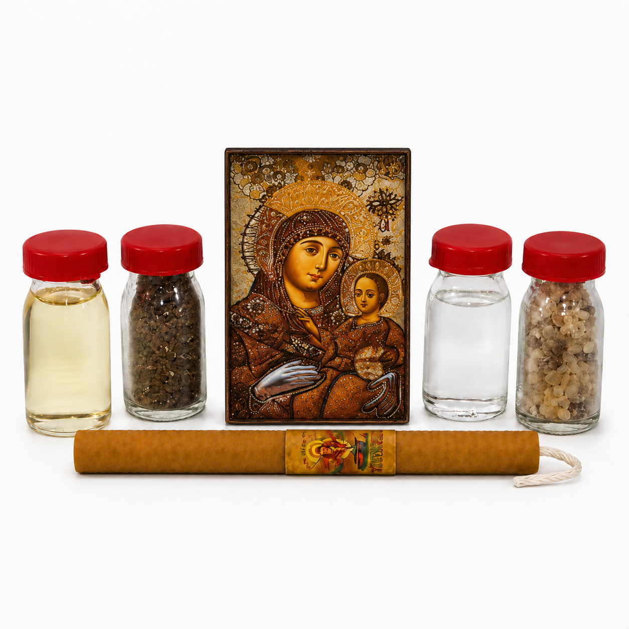 Holy Land blessing set items including christian icon, honey wax candle, holy water, sacred earth, anointing oil, and frankincense incense on white background