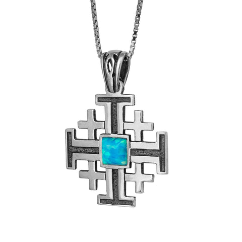 925 Jerusalem Cross pendant silver with opal inlay

