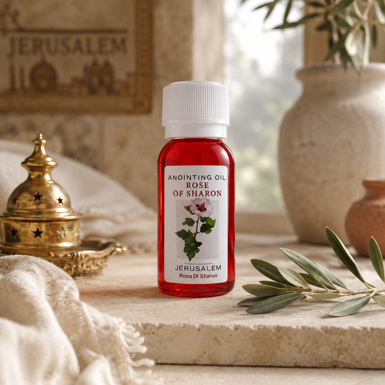 Biblical anointing oil from the Holy Land featuring Rose of Sharon