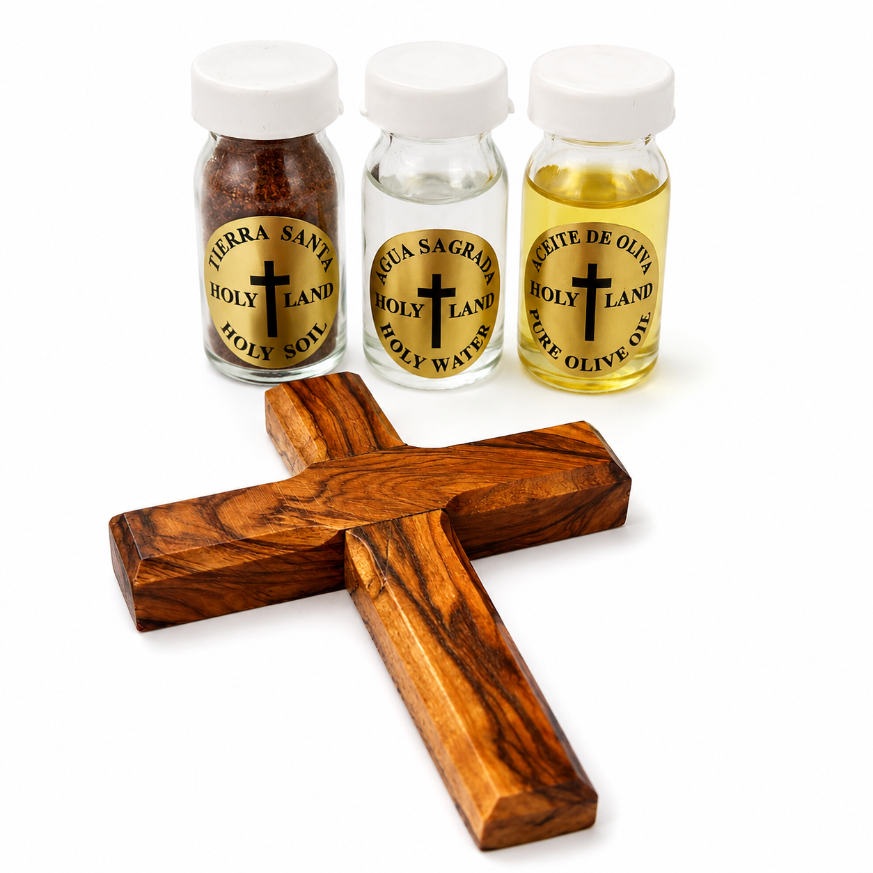 Christian keepsake set with holy water, olive oil, sacred soil, and olive wood cross from Jerusalem