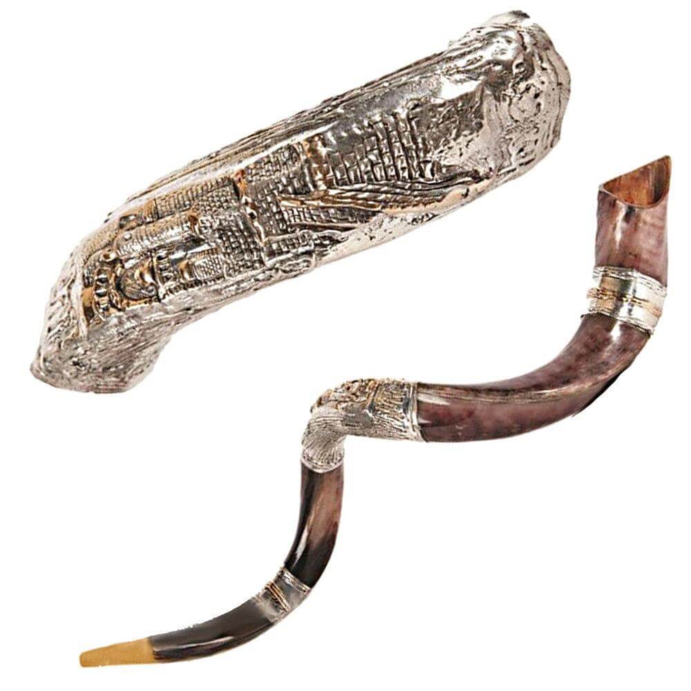 Traditional silver plated shofar Jerusalem, resonant Judaica tone

