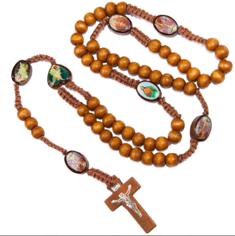 Bail and chain detail wooden rosary beads with cross carving
