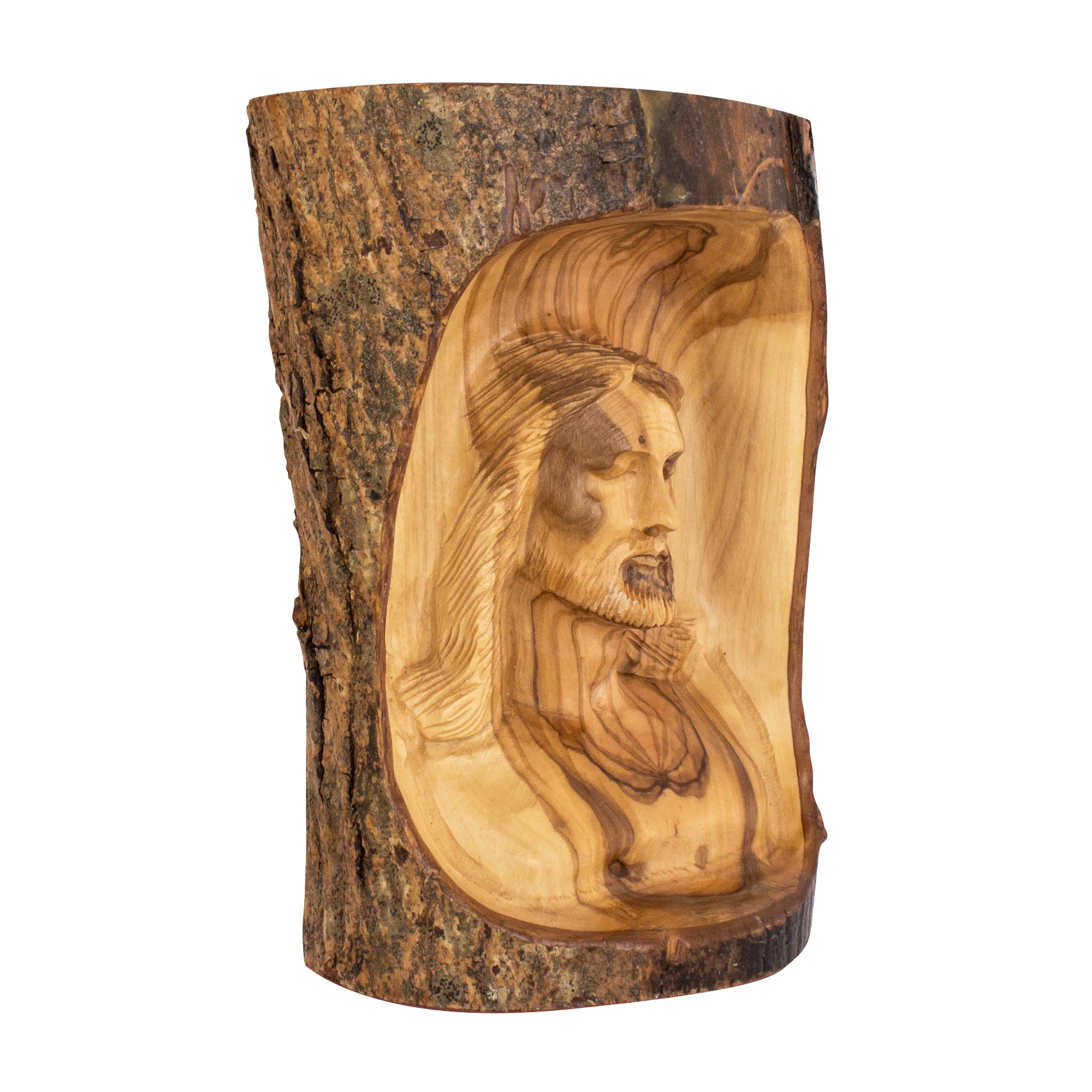 Angled carved Jesus head statue from olive wood Holy Land
