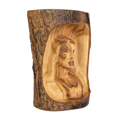 Angled carved Jesus head statue from olive wood Holy Land
