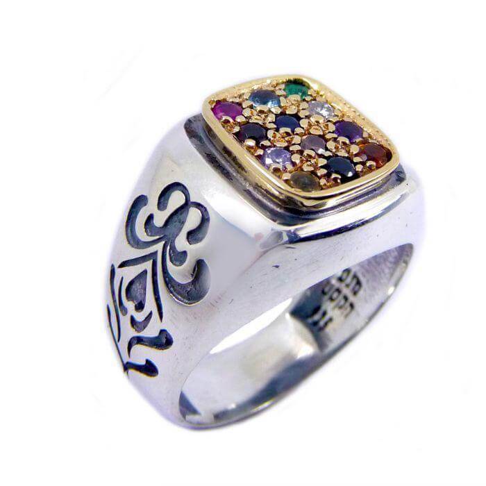 Jewish signet ring with priestly breastplate stones and diamond Rubin in silver 925 and gold 9K Kabbalah design

