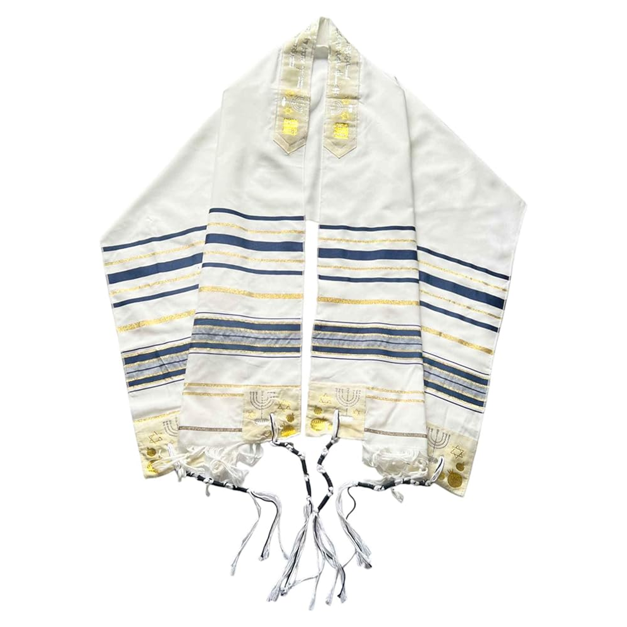 Jewish tallit with blue, silver and gold patterns and tzitzit