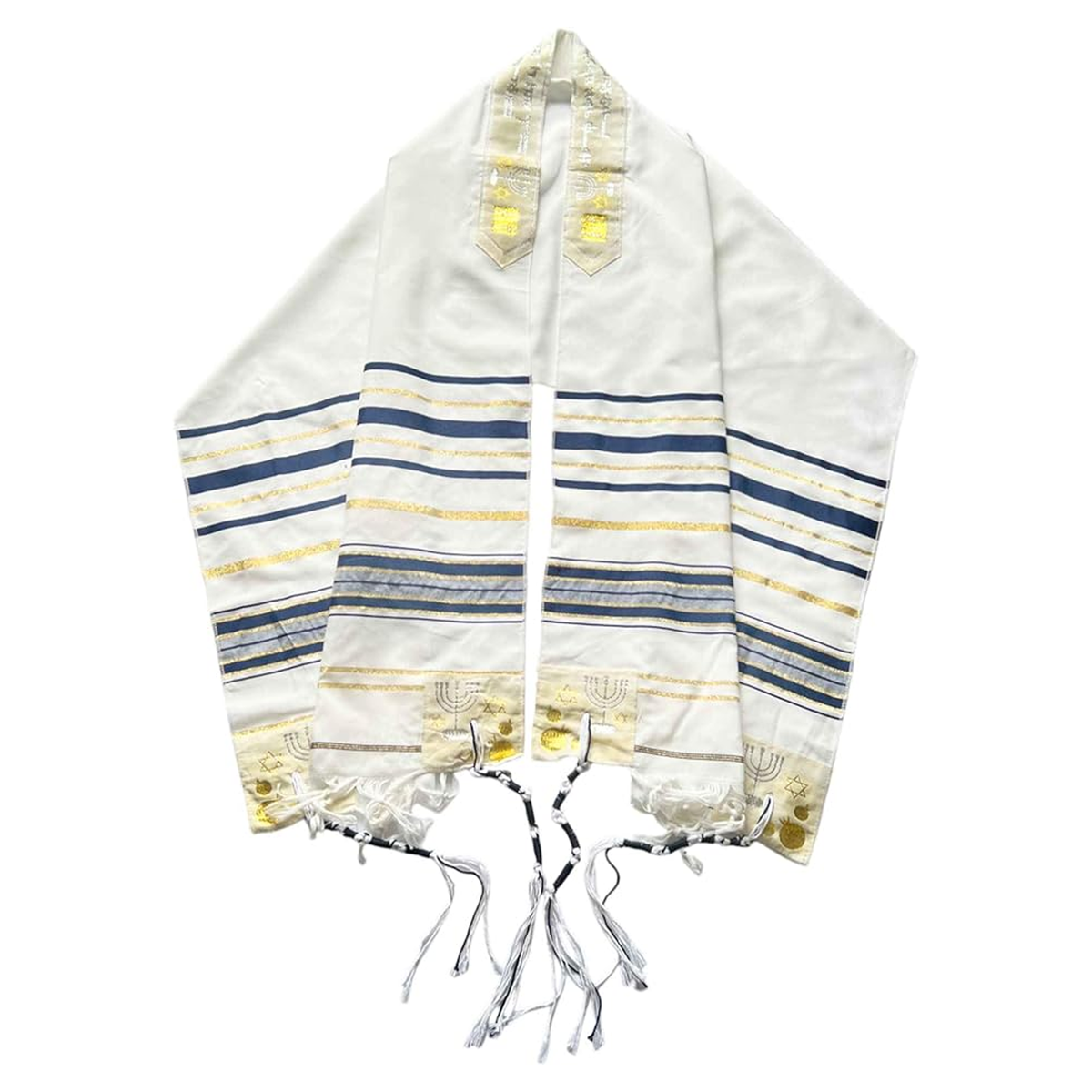 Jewish tallit with blue, silver and gold patterns and tzitzit