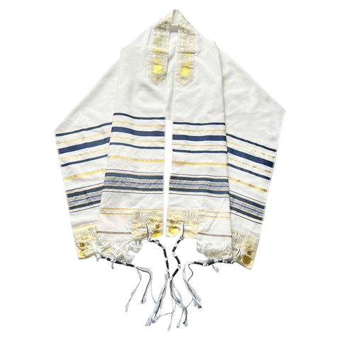 Jewish tallit with blue, silver and gold patterns and tzitzit