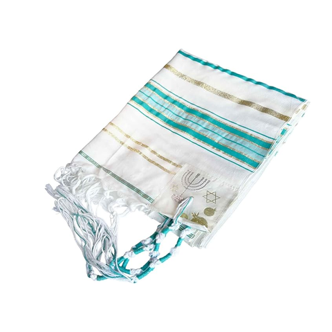 Angled presentation of teal blue Jewish tallit scarf from Israel
