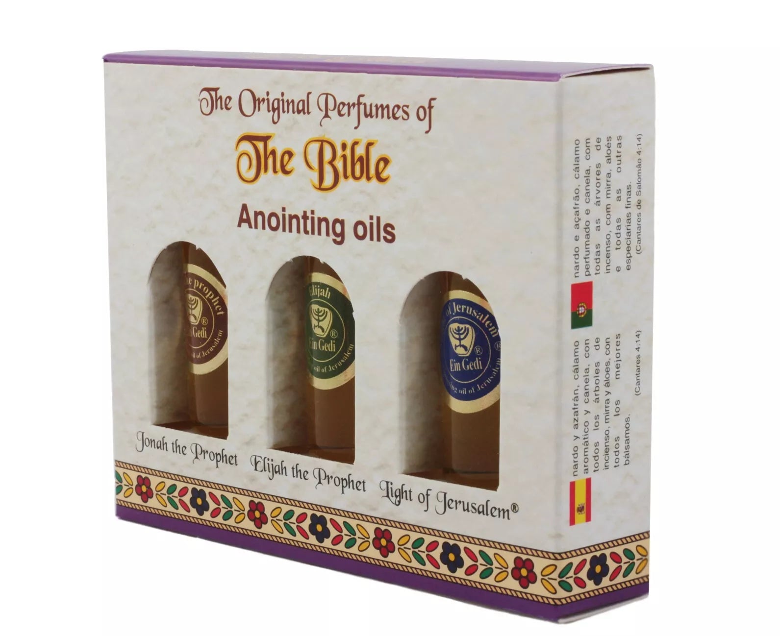 Three-piece anointing oil set featuring Jonah the Prophet, Elijah the Prophet, and Light of Jerusalem for Christian worship and spiritual rituals.