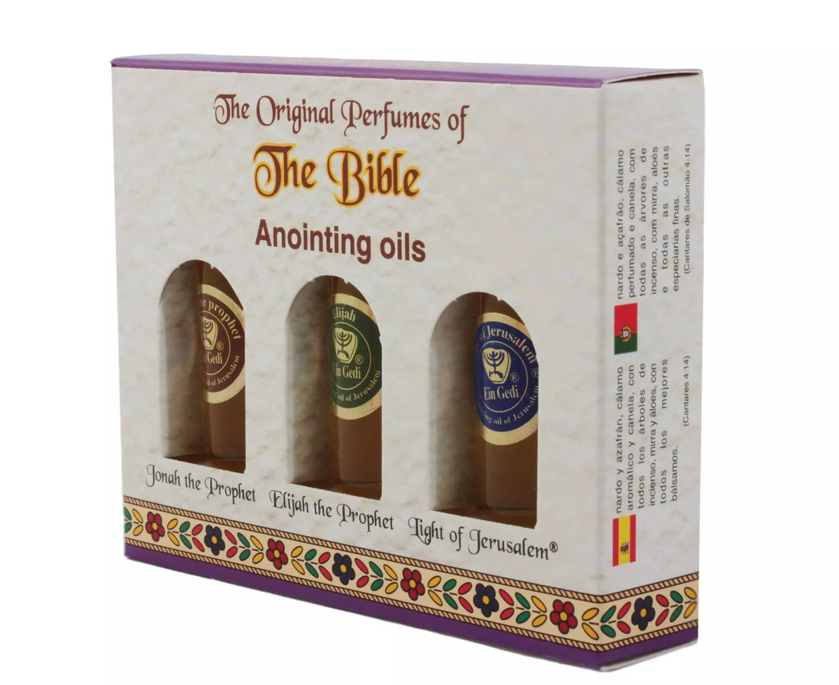 Three-piece anointing oil set featuring Jonah the Prophet, Elijah the Prophet, and Light of Jerusalem for Christian worship and spiritual rituals.