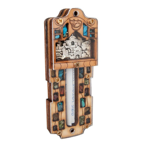 Stone-decorated Judaica mezuzah handcrafted in Israel