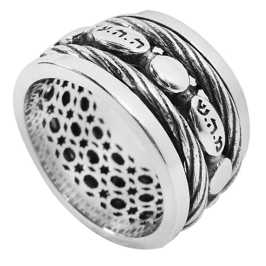 Judaica rotating ring with 5 Names of God in sterling silver – Kabbalah spinner jewelry