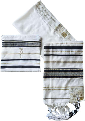 Tallit with shimmering silver and gold patterns for worship