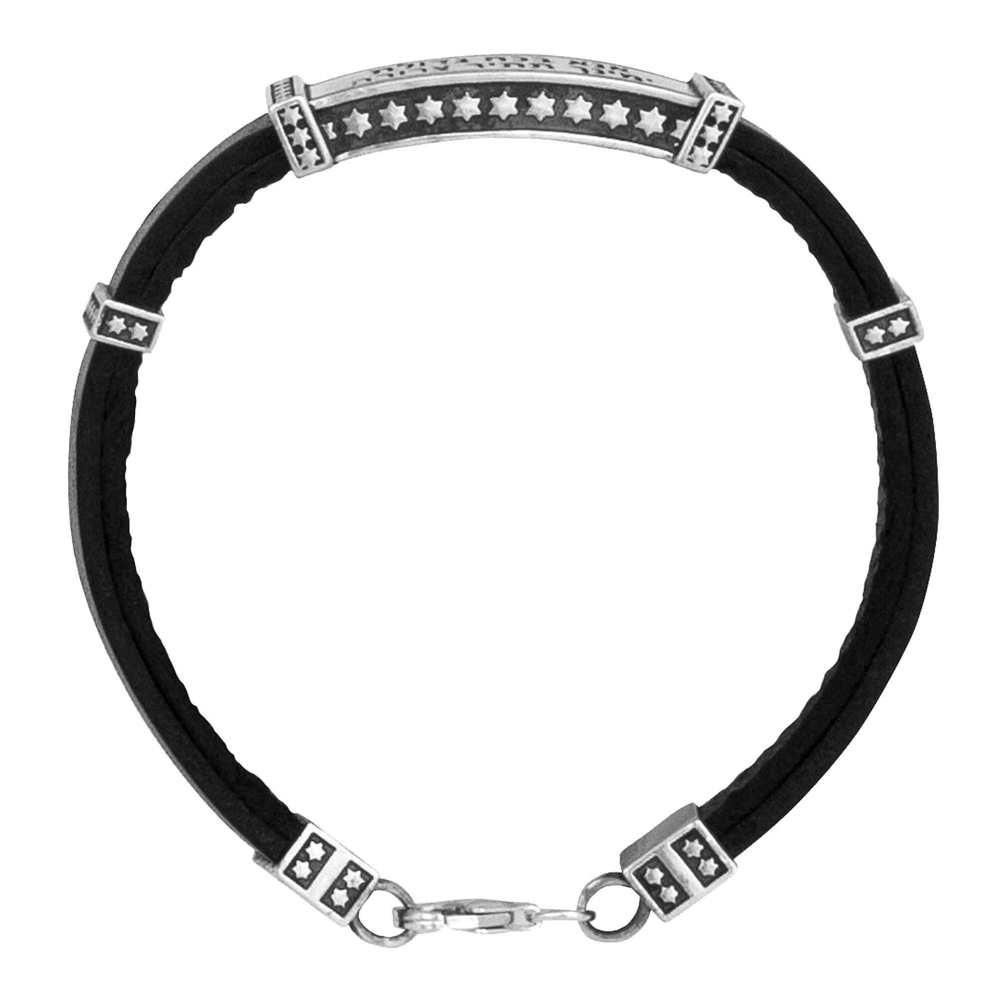 Full view of men’s bracelet with silver and leather design